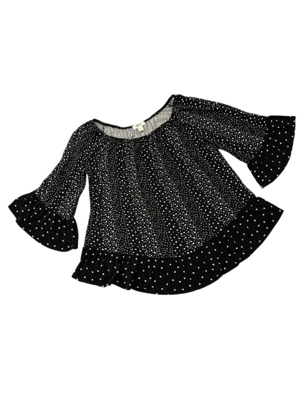 MACY'S STYLE & CO Blouse Peasant style HeartsHalf sleeve Ruffles Pullover B & W